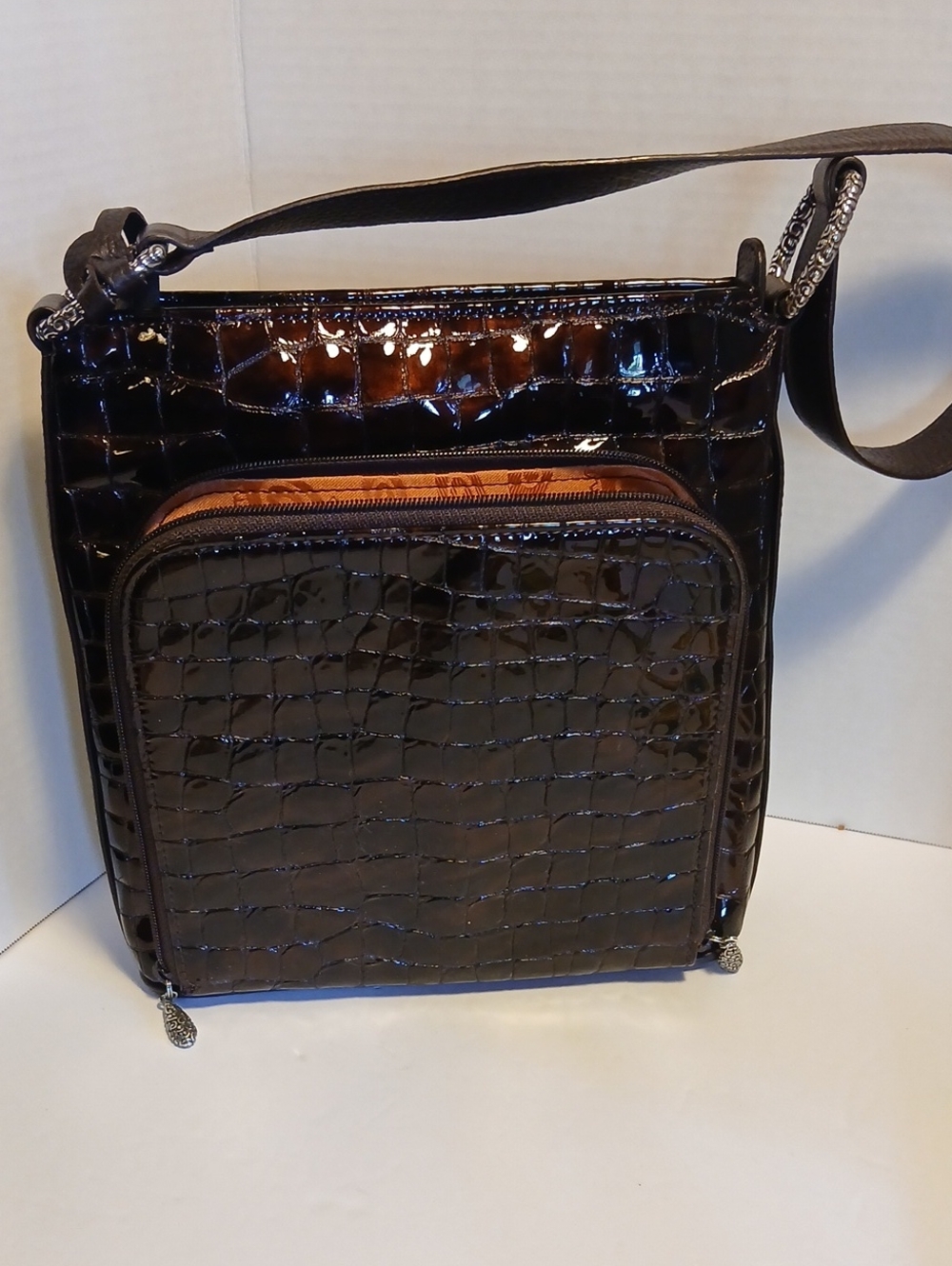Brighton Glossy Dark Brown Croc-Embossed Shoulder Bag